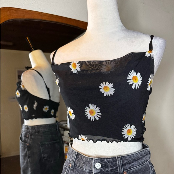 Lovely Day Tops - 90’s lovely Day Mesh Crop Top Daisy Floral Pattern Vintage Retro Spaghetti Strap